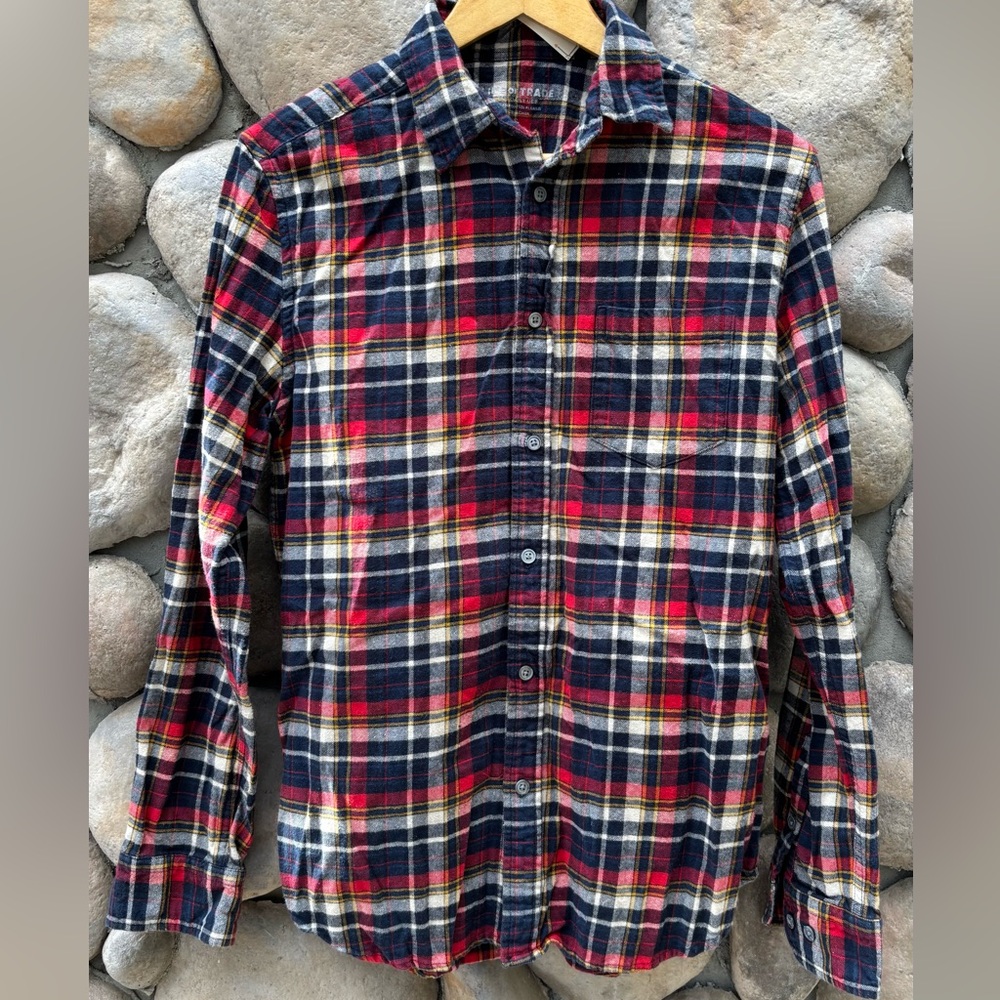 Line of Trade Navy Blue Plaid Button Down Flannel Shirt